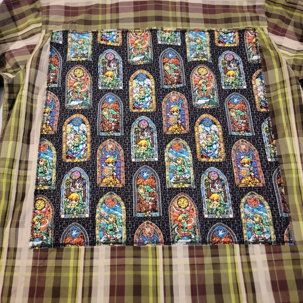 Prana Button Down Mens Large Plaid Green Zelda Stained Glass Patch EUC
